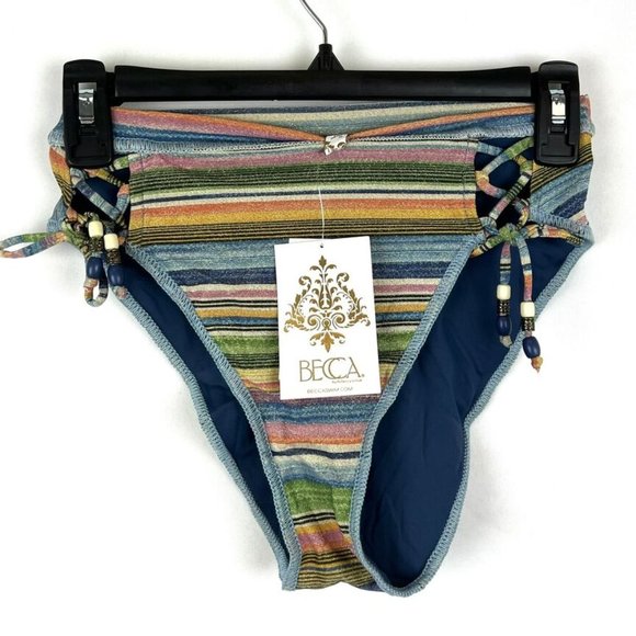 Becca Women’s High Rise Blue Striped Bikini Bottom Size S